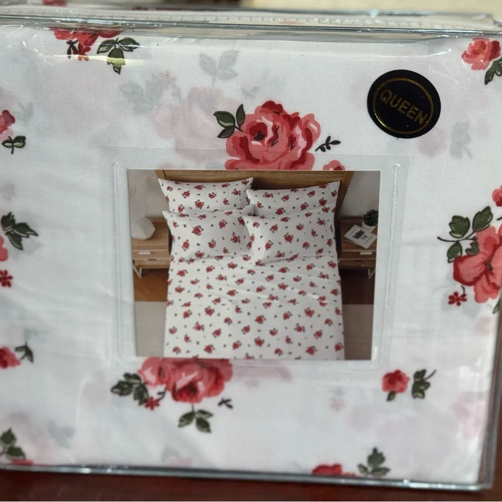 New Floral Queen Bedding Set 4PCS sheet set deep pocket White and Red rose